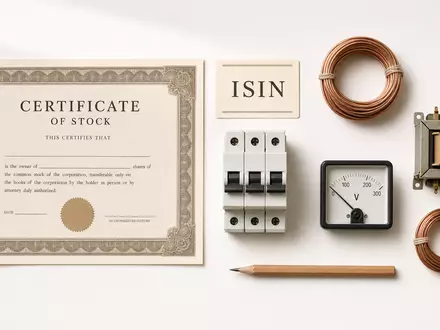 Entergy Corp. Flatlay mit Aktienzertifikat, ISIN-Karte und elektrischen Utensilien auf weißem Untergrund, US29364G1031 - Foto: THN