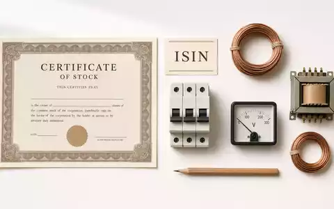 Entergy Corp. Flatlay mit Aktienzertifikat, ISIN-Karte und elektrischen Utensilien auf weiĂem Untergrund, US29364G1031 - Foto: THN