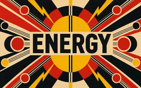 Entergy Corp. Bauhaus-Poster mit geometrischen Formen, kräftigen Farben und dem Sektor-Text ENERGY, US29364G1031 - Foto: THN