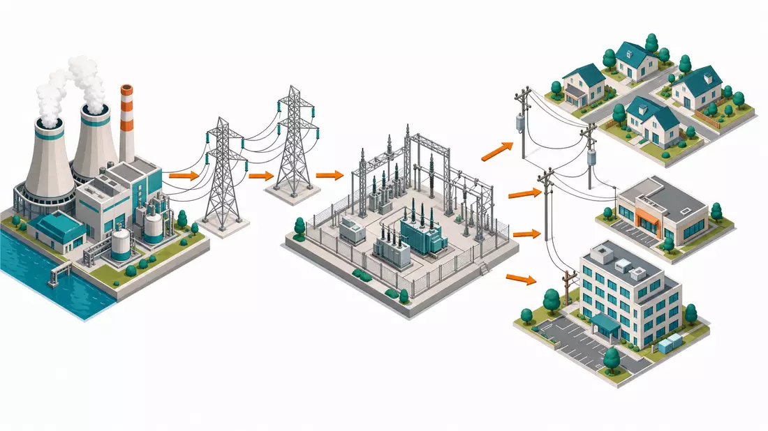 Isometrische 3D-Illustration der Stromlieferkette von Entergy Corp. vom Kraftwerk zum Verbraucher
