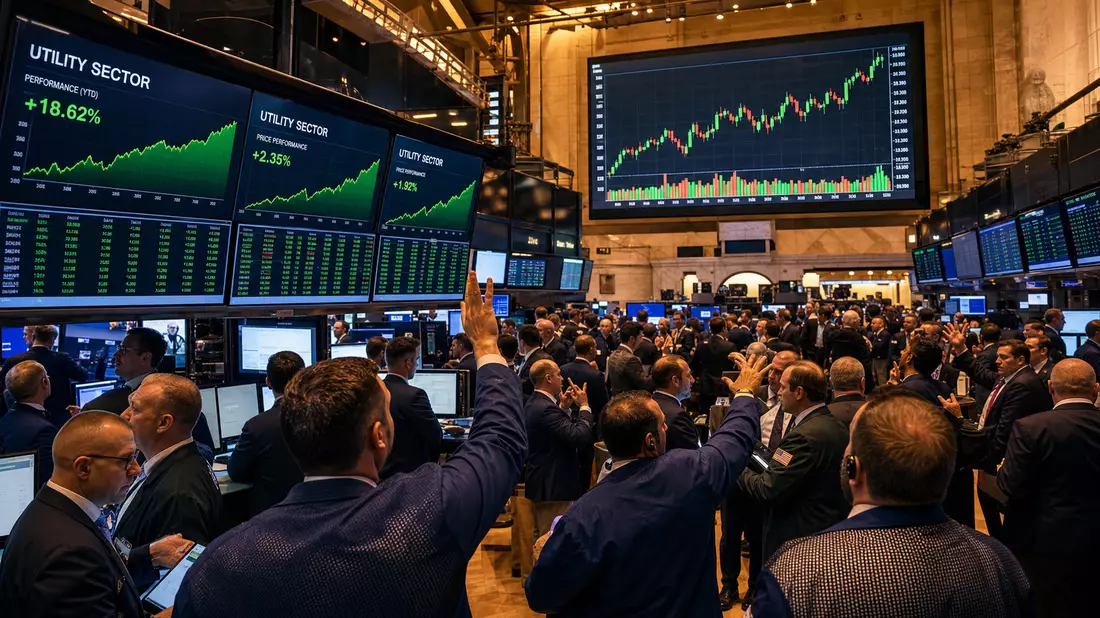 Börsen-Editorial: NYSE-Handelssaal mit Utility-Sektor-Charts für Entergy Corp