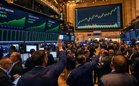 Entergy Corp. NYSE-Handelssaal mit HĂ€ndlern und Utility-Sektor-Charts auf groĂen Bildschirmen, ISIN US29364G1031 - Foto: THN