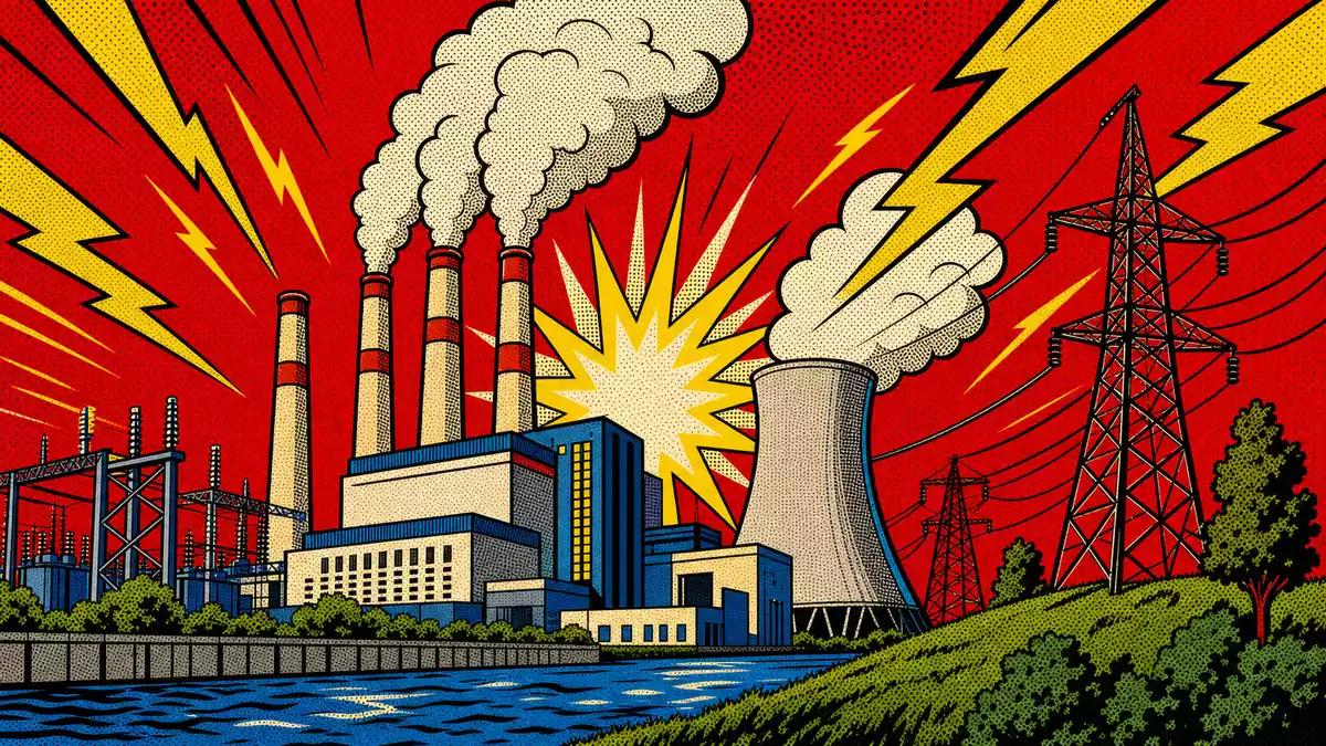 Pop-Art-Comic mit stilisiertem Kraftwerk und Blitzen für Entergy Corp