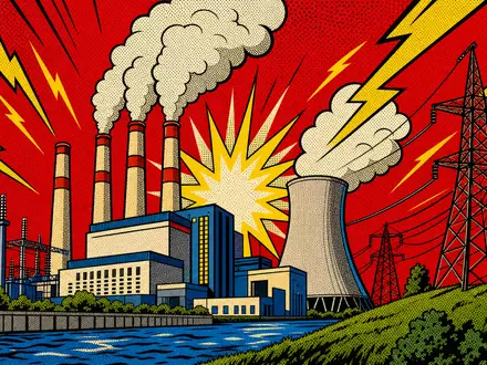 Entergy Corp. Pop-Art-Comic zeigt stilisiertes Kraftwerk mit bunten Blitzen und Halbtönen, ISIN US29364G1031 - Foto: THN