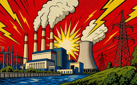Entergy Corp. Pop-Art-Comic zeigt stilisiertes Kraftwerk mit bunten Blitzen und Halbtönen, ISIN US29364G1031 - Foto: THN