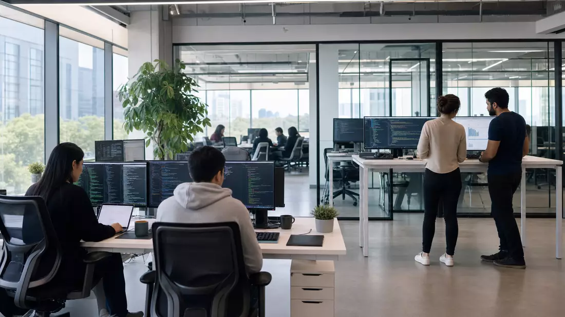 Modernes IT-Büro mit Softwareentwicklern an Monitoren mit Code-Ansichten