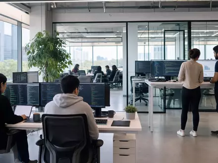 EPAM Systems US26874Q1031 – modernes Software Engineering Büro mit Entwicklern an Monitoren mit Code - Foto: THN