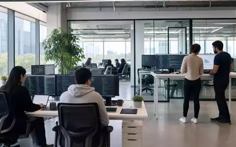 EPAM Systems US26874Q1031 – modernes Software Engineering Büro mit Entwicklern an Monitoren mit Code - Foto: THN