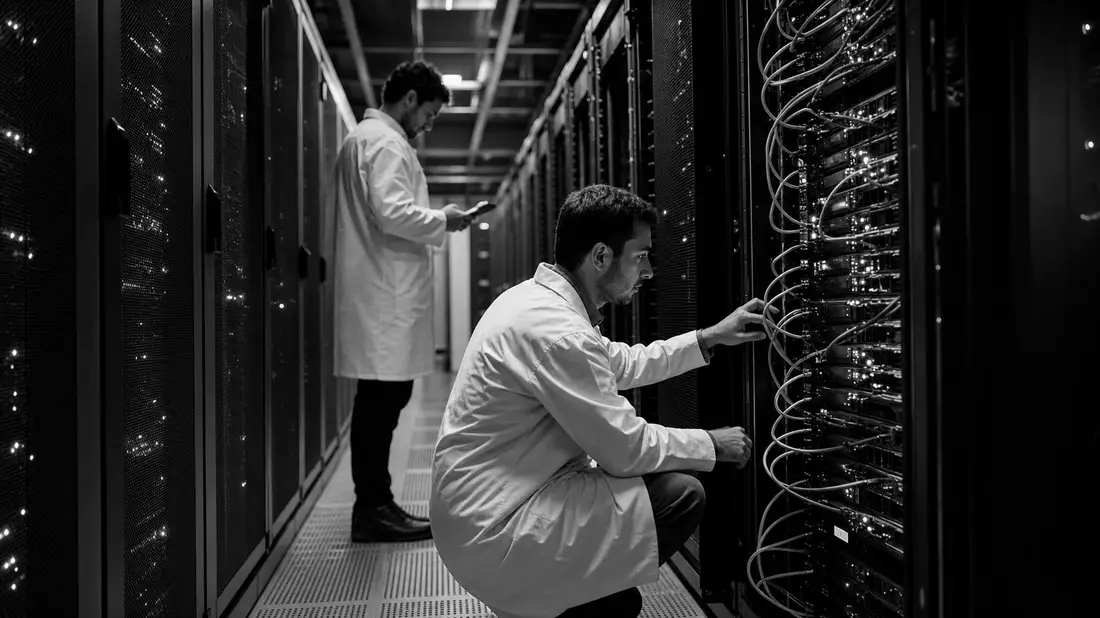 Schwarz-Weiß-Reportage: Techniker prüfen Server-Racks im Rechenzentrum