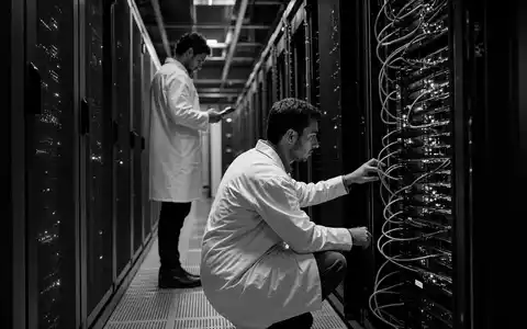 EPAM Systems US26874Q1031 – dokumentarische Schwarzweiß Reportage von Technikern beim Server Rack Check - Foto: THN