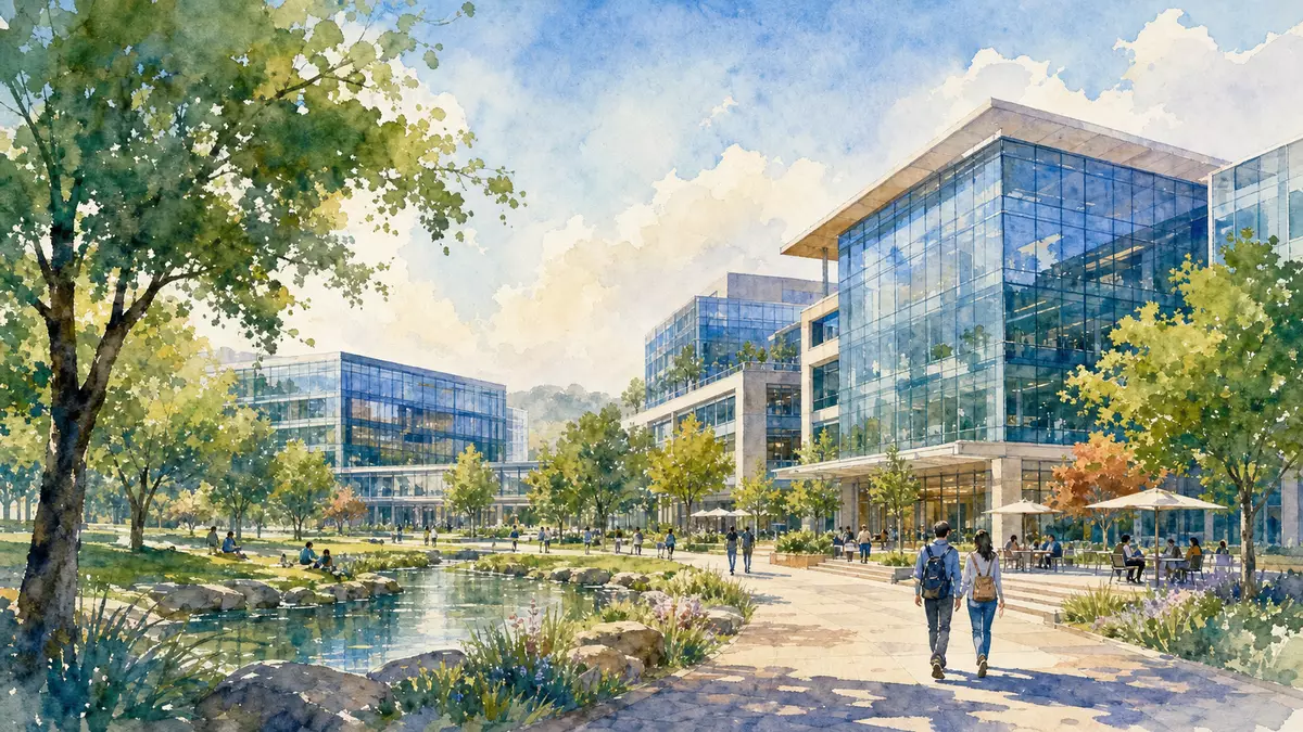 Aquarell-Illustration moderner Glasgebäude auf einem Tech-Campus mit Park