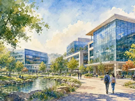 EPAM Systems US26874Q1031 – Aquarell Illustration eines modernen Tech Campus mit Glasgebäuden und Park - Foto: THN