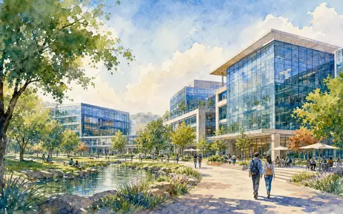 EPAM Systems US26874Q1031 – Aquarell Illustration eines modernen Tech Campus mit Glasgebäuden und Park - Foto: THN