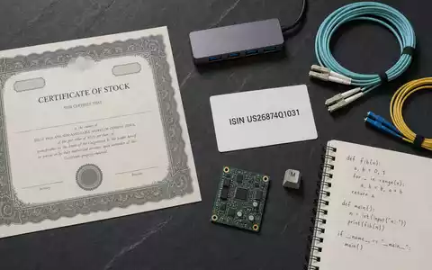 EPAM Systems US26874Q1031 – Flatlay mit Aktienzertifikat, ISIN Karte und IT Zubehör auf Schiefer - Foto: THN