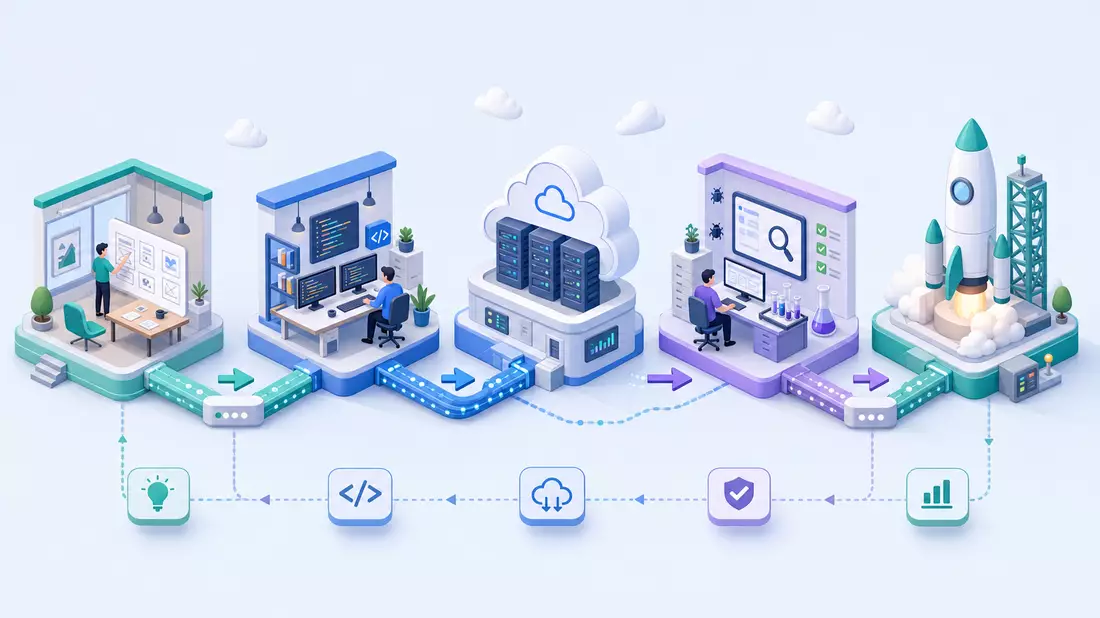 Isometrisches 3D-Diagramm der Software-Entwicklungskette mit Cloud, QA und Deployment