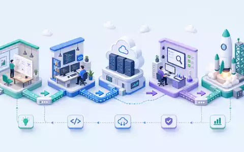 EPAM Systems US26874Q1031 – isometrisches 3D Diagramm der Software Wertschöpfungskette von Design bis Deployment - Foto: THN