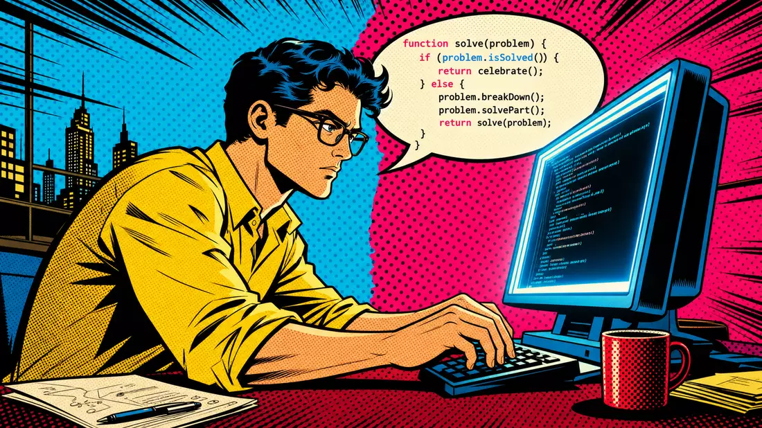Pop-Art-Comic: Entwickler am Computer mit Halbtönen und Code-Sprechblase