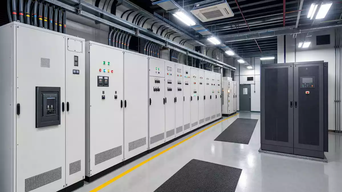 Moderner Schaltanlagenraum mit Schaltschränken und USV-Anlage in Automatisierungsfabrik