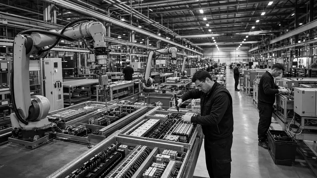 Schwarzweiß-Reportagefoto einer Automatisierungshalle mit Robotern und Technikern