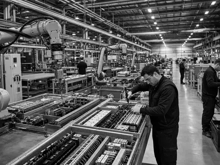 In Automatisierungshallen fertigt Schneider Electric S.E. FR0000121972 Steuerungskomponenten dokumentiert in dieser dokumentarischen Schwarzweiß-Reportage-Aufnahme heute - Foto: THN