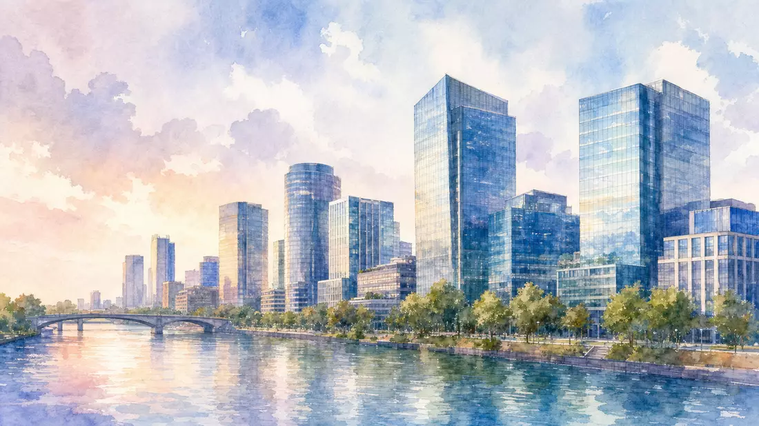 Aquarellmalerei einer modernen Bürostadt an einem Fluss mit Glastürmen