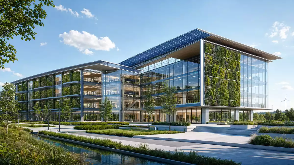 Architekturrender eines nachhaltigen Glasbürogebäudes mit Solarpanels und Begrünung