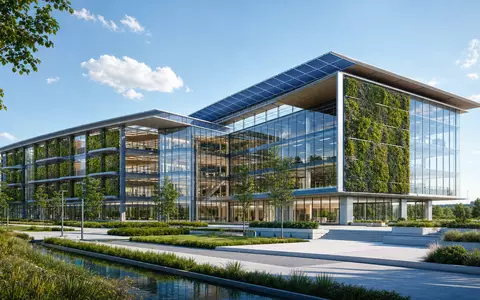 Als CAC-40-Mitglied setzt Schneider Electric S.E. FR0000121972 auf nachhaltige Architektur, symbolisiert hier durch grünes Bürogebäude-Render - Foto: THN