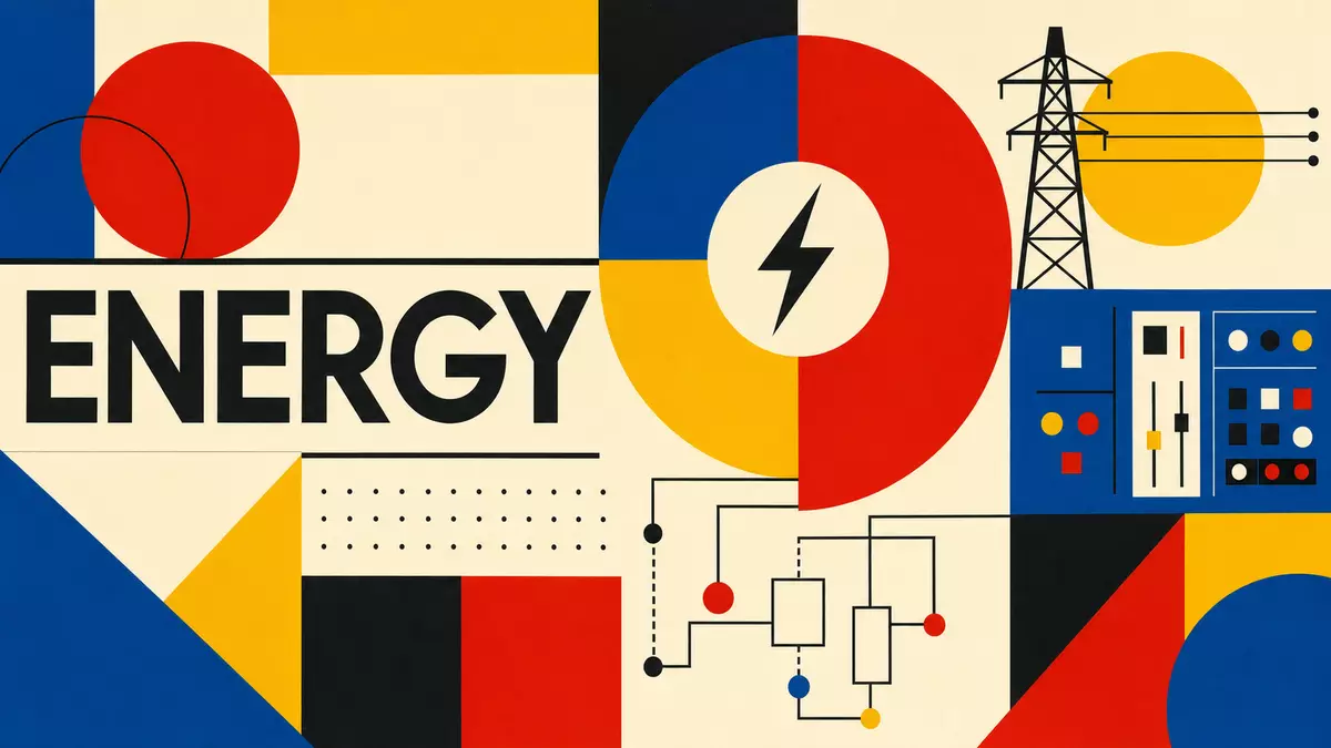 Bauhaus-Poster mit geometrischen Formen, Strommast und dem Wort ENERGY