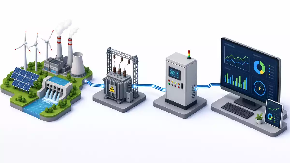 Isometrische 3D-Grafik einer Energie-Wertschöpfungskette von Erzeugung bis Monitoring
