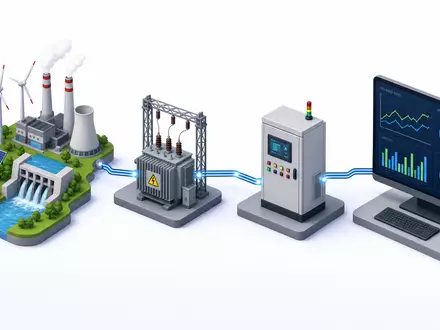 Diese isometrische Grafik zeigt die Wertschöpfungskette der Energiewirtschaft, dem Kerngeschäft von Schneider Electric S.E. FR0000121972 - Foto: THN