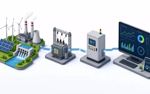 Diese isometrische Grafik zeigt die Wertschöpfungskette der Energiewirtschaft, dem Kerngeschäft von Schneider Electric S.E. FR0000121972 - Foto: THN