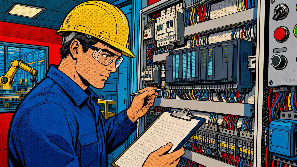 Pop-Art-Comic eines Technikers mit gelbem Helm vor einem Schaltschrank