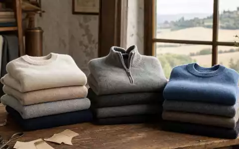 Gefaltete Kaschmirpullover auf Holztisch symbolisieren Brunello Cucinelli S.p.A., ISIN IT0004764699, fĂŒhrendes Luxus-Modeunternehmen aus Umbrien - Foto: THN