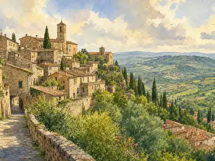 Aquarell eines umbrischen Bergdorfs reprÀsentiert die Heimat von Brunello Cucinelli S.p.A., ISIN IT0004764699, nahe Solomeo - Foto: THN