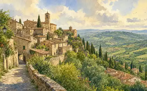 Aquarell eines umbrischen Bergdorfs repräsentiert die Heimat von Brunello Cucinelli S.p.A., ISIN IT0004764699, nahe Solomeo - Foto: THN
