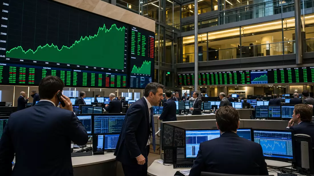 Trading-Floor der Borsa Italiana mit grünen FTSE-MIB-Kurscharts auf Bildschirmen