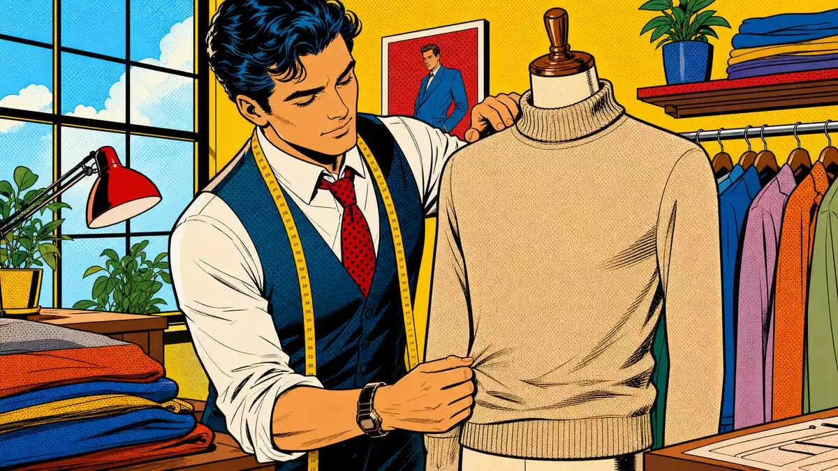 Pop-Art-Comic: Schneider passt Kaschmirpullover in farbenfrohem Atelier an