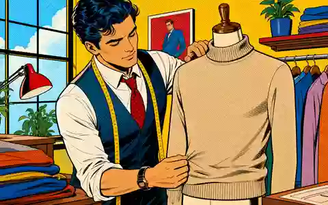 Pop-Art-Comic zeigt Schneider bei Anprobe eines Kaschmirpullovers, passend zu Brunello Cucinelli S.p.A., ISIN IT0004764699 - Foto: THN
