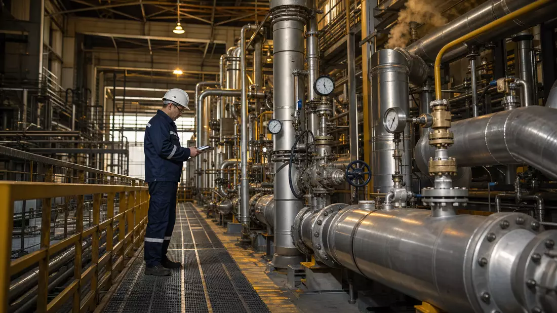 Ingenieur prüft industrielle Dampfanlage mit glänzenden Rohren und Druckmessgeräten