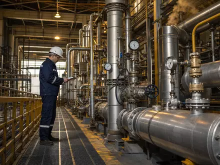 Spirax-Sarco Engineering plc GB00BWFGQN14 zeigt Ingenieur bei Inspektion einer industriellen Dampfanlage mit Rohrsystemen - Foto: THN