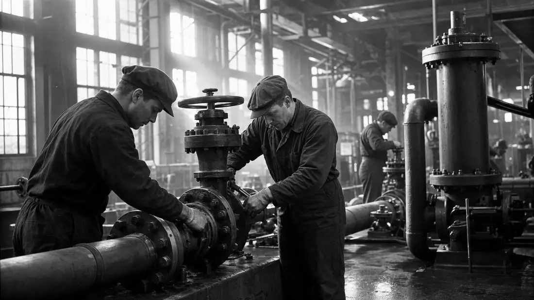 Schwarzweiß-Reportagefoto von Technikern bei Montage industrieller Dampfrohrventile