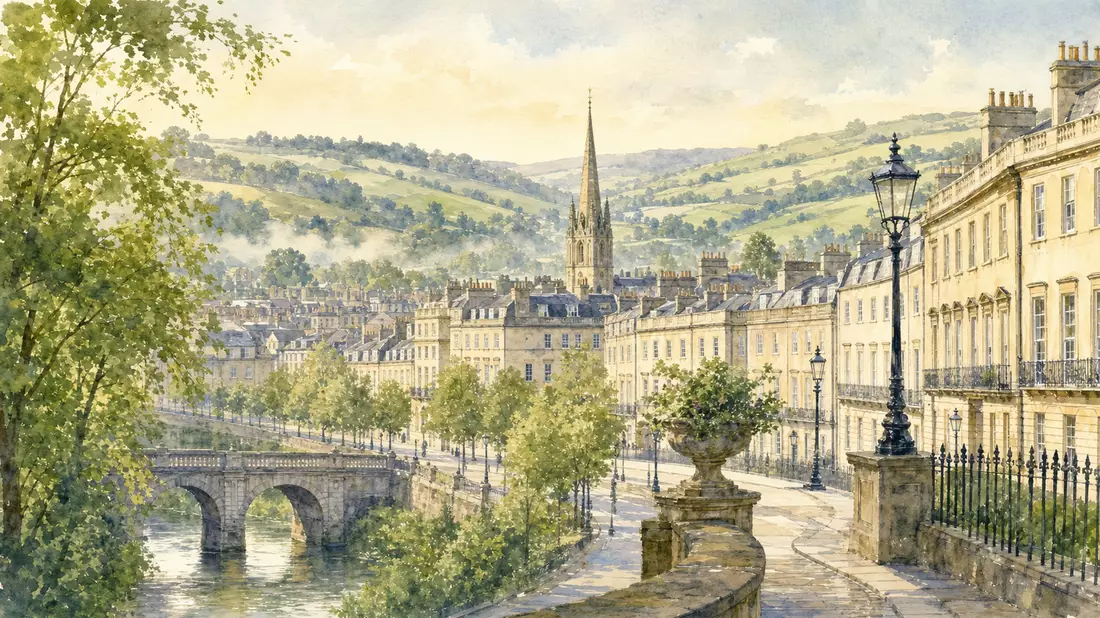 Aquarellmalerei einer englischen Regency-Stadt mit Brücke und grünen Hügeln