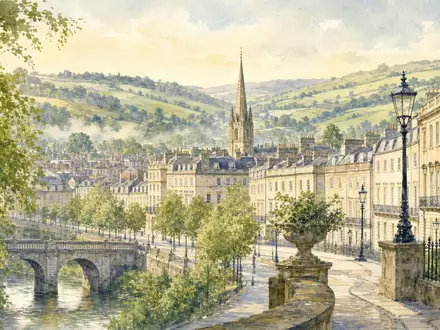 Spirax-Sarco Engineering plc GB00BWFGQN14 hat Firmensitz Cheltenham, Aquarell zeigt englische Regency-Stadt mit Hügellandschaft - Foto: THN