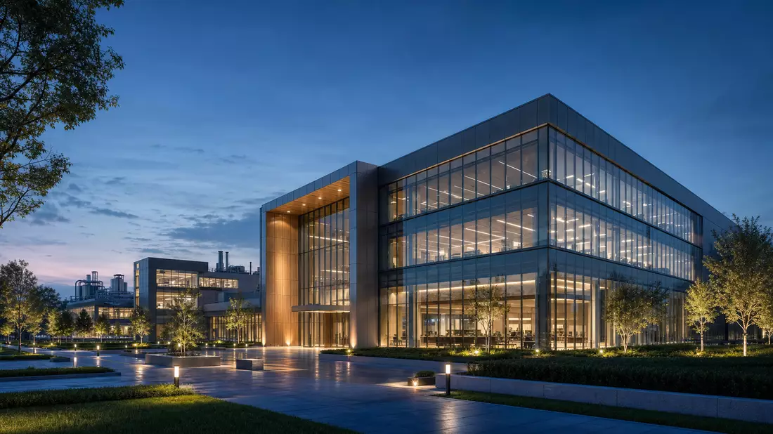 Architektonisches Render eines modernen Firmengeländes mit Glasfassade bei Dämmerung