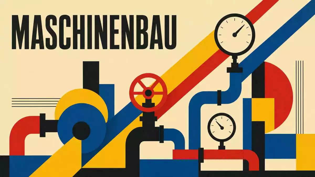 Bauhaus-Poster mit geometrischen Formen und dem Schriftzug MASCHINENBAU