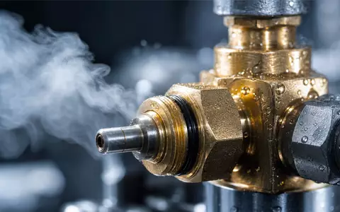 Spirax-Sarco Engineering plc GB00BWFGQN14 fertigt Präzisionsventile; Makroaufnahme zeigt Metallbauteil mit austretendem Dampf - Foto: THN