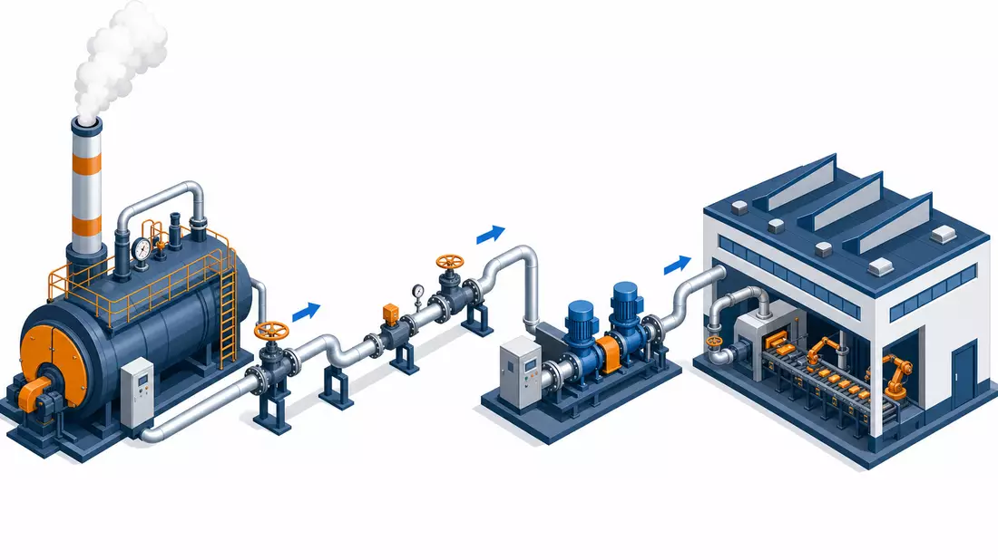 Isometrische 3D-Illustration einer Wärmekette von Kessel bis zur Fabrik