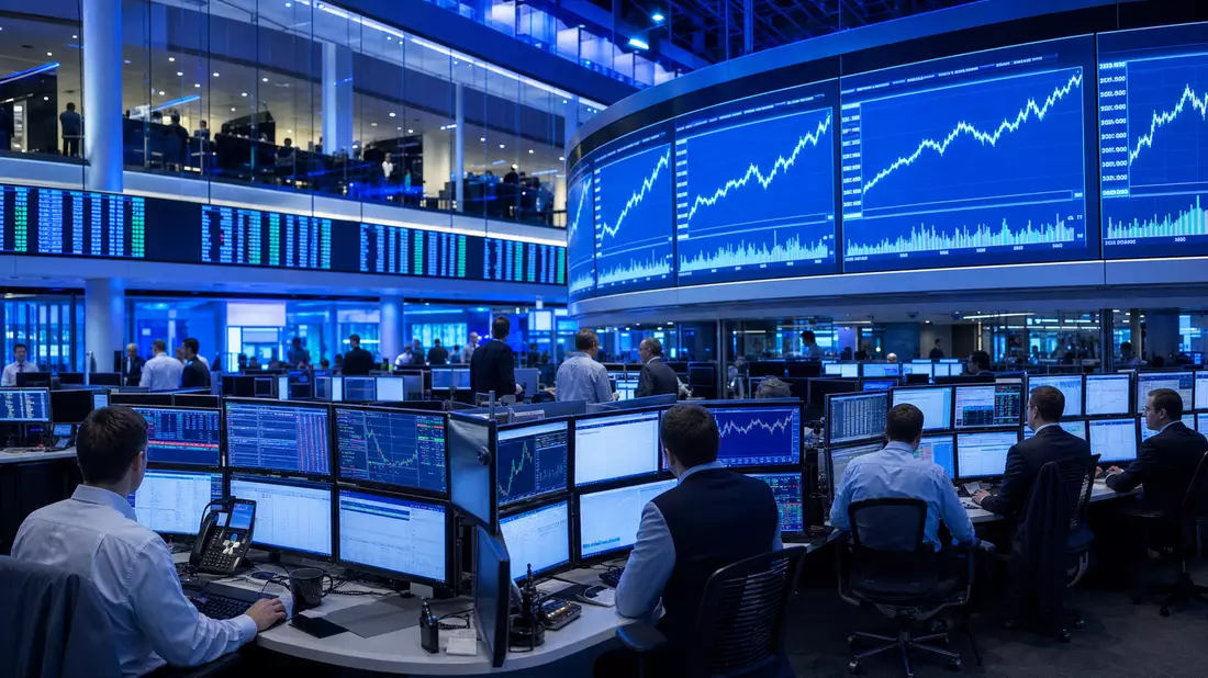 Londoner Börsen-Tradingfloor mit Händlern und großen Bildschirmen mit Kursdiagrammen