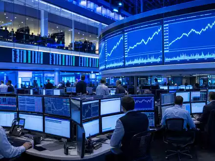 Spirax-Sarco Engineering plc GB00BWFGQN14 an der Londoner Börse gehandelt: Tradingfloor mit Maschinenbau-Sektorkursen auf Screens - Foto: THN