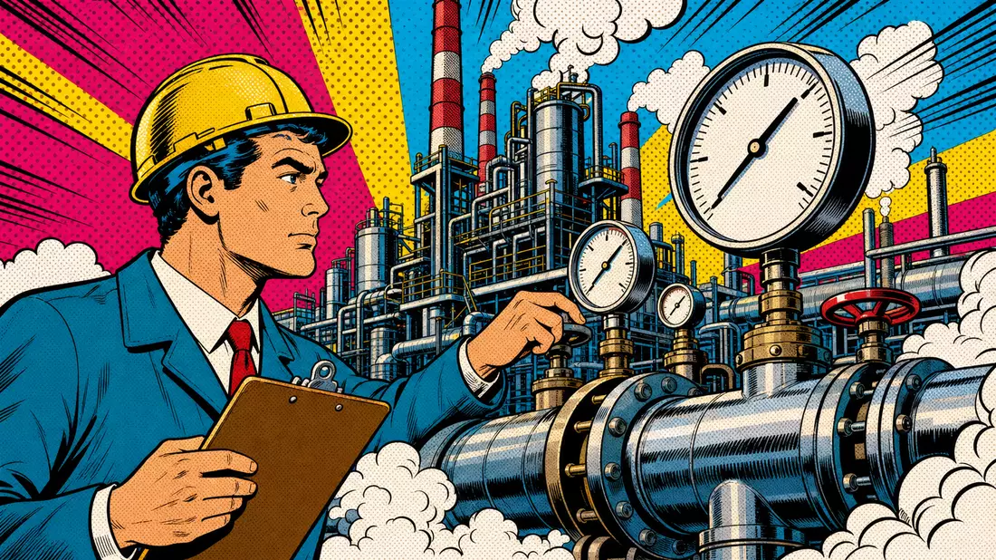 Pop-Art-Comic eines Ingenieurs an Dampfventilen vor farbenfroher Industriekulisse